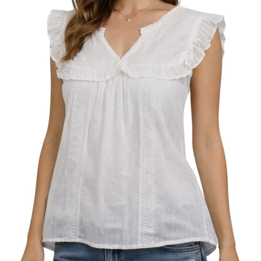MINE White Eyelet Babydoll Top Womens M Swiss Dot Ruffle Blouse